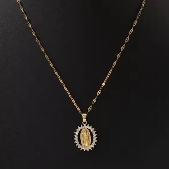 Gold Plated Virgin Mary Necklace CZ Diamonds Lady of Guadalupe Birthday Gift NEW - Picture 1 of 7